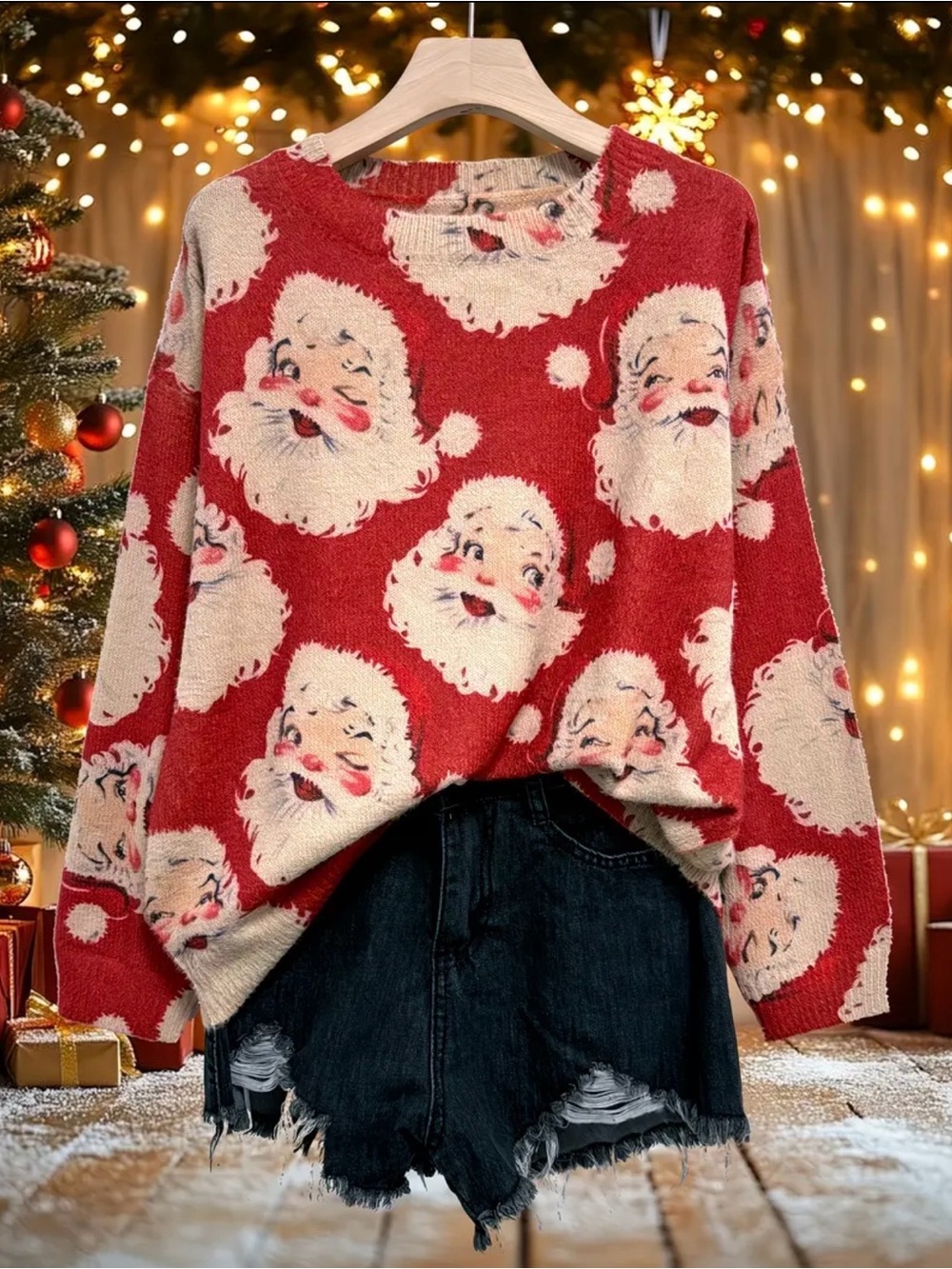 NWT Red Santa Face Crewneck Sweater, Holiday Sweaters, Size Medium
